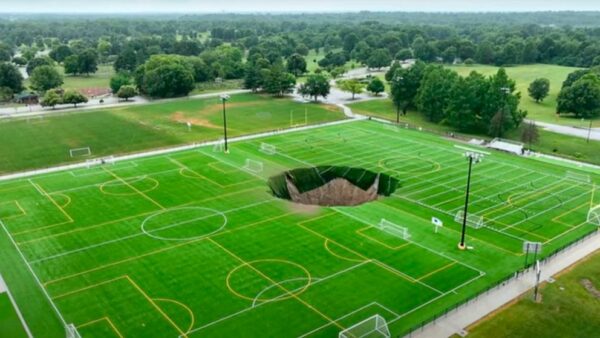 100-foot-wide sinkhole swallows soccer field above limestone mine