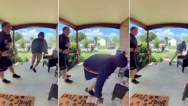 Porch pirate steals package in front of FedEx delivery driver in Ohio, video